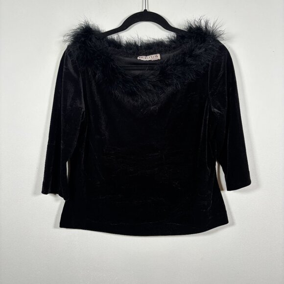 Vintage Black Velvet Feather Trim Top Y2K Party Holiday Glam Whimsigoth Size L - Picture 2 of 7